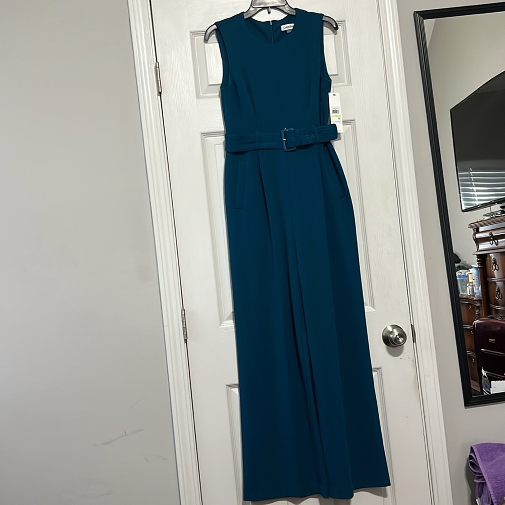 NWT Women $140 CALVIN KLEIN Solid Wide Leg Jumpsuit Belted Black SZ-4